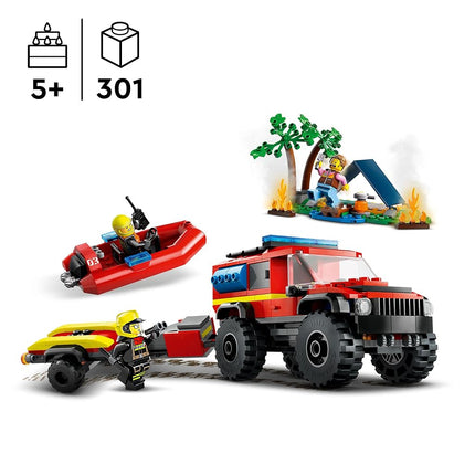 LEGO City 4x4 Fire Engine with Rescue Boat Building Toys for 5 Plus Year Old Boys & Girls, Imaginative Play Set Includes a Dinghy, Trailer, Tent, Camper and 2 Firefighter Minifigures, Gift Idea 60412