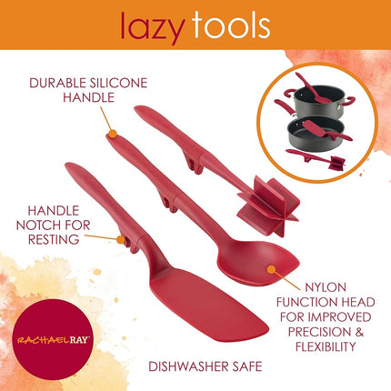 Rachael Ray Tools and Gadgets Lazy Crush & Chop, Flexi Turner, and Scraping Spoon Set/Cooking Utensils - 3 Piece, Red