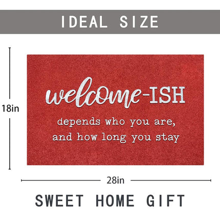 JJUUYOU Welcome Mats for Front Door Outdoor Entry Funny Welcome Ish Depends Who You are Doormat Non Slip Rubber Mat for Home Indoor Farmhouse Funny Kitchen Rugs Patio Red