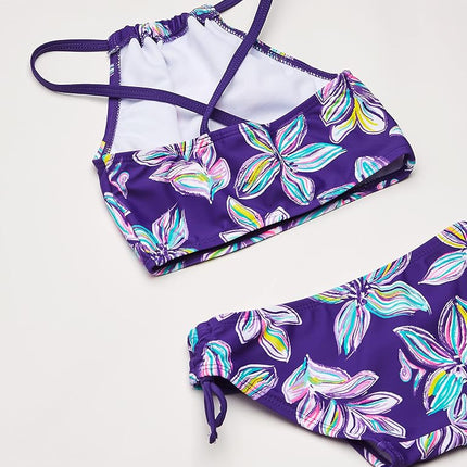 Kanu Surf Traje de baño de 2 piezas tipo tankini con cuello halter y protección UPF 50 para niñas, Charlotte Floral Púrpura, 10