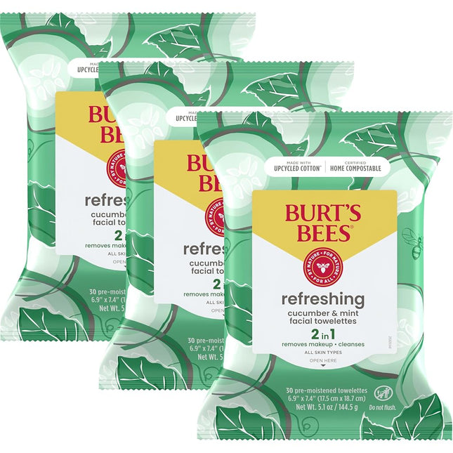 Burt's Bees Sensitive Facial Cleansing Towelettes with Cucumber and Mint - 30 Count (Pack of 3)