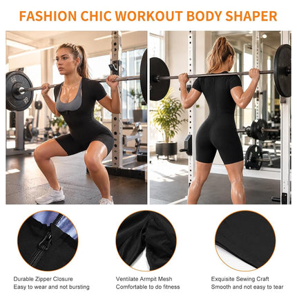 URSEXYLY Sauna Suit for Women Sweat Vest Waist Trainer 3 in 1 Slimming Full Body Shaper Workout Top with Sleeve Shorts, Black-blue Inner, X-Large