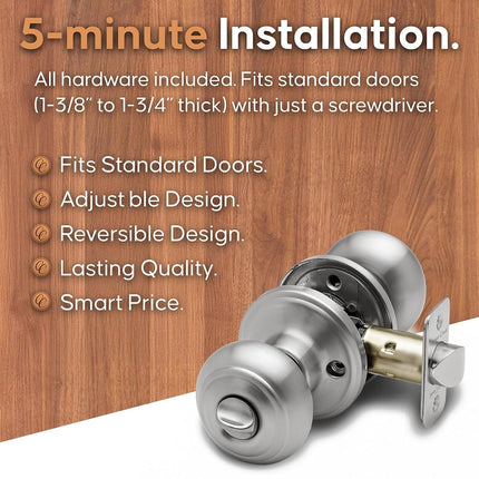 Copper Creek Door Knobs - Round Colonial with Privacy Locking Function - Interior Door Knobs for Home Improvement - Locking Door Knob for Bedroom & Bathroom - Satin Stainless - 3 Pack
