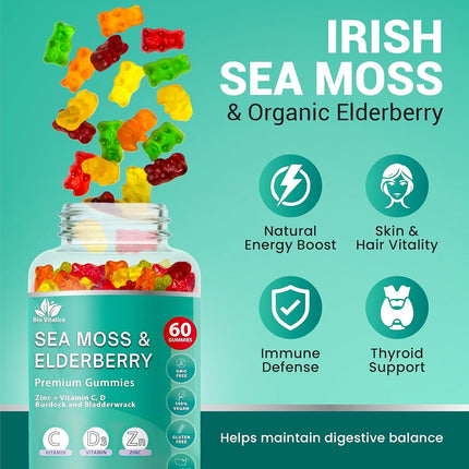 BIO VITALICA Irish Sea Moss Gummies with Elderberry – USA Made Vegan Gummies with Vitamin C, D & Zinc – Immune Support Supplement with Bladderwrack & Burdock Root for Adults & Kids – 2 Packs