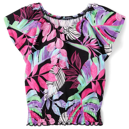 The Children's Place Girls' Smocked Short Sleeve Tops, Black Tropical, Small