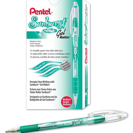 Bolígrafo de gel metálico Pentel Sunburst, punta de 0,8 mm que escribe una línea de 0,4 mm, barril verde/transparente tinta verde, caja de 12 (K908-MD) de Pentel