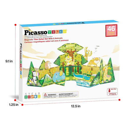 PicassoTiles 46pc Magnet Tile Building Block Safari Themed Set with 8 Compatible Magnetized Animal Action Figures Build Blocks Toddler Creativity Toys STEAM Educational Learning Skills Ages 3+ PTQ12