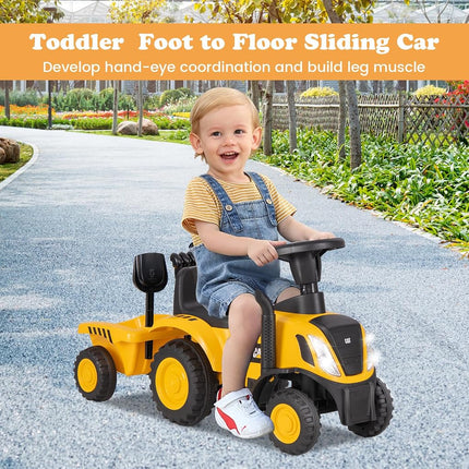 Licensed Caterpillar Ride on Tractor by OLAKIDS, 2 in 1 Ride on Push Car with Detachable Trailer, Headlight, Horn, Rake, Shovel, Foot to Floor Walker Toy Sliding Truck for Kids Toddler