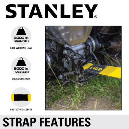 STANLEY S1051 Black/Yellow 2" x 20' Tow Strap with Heavy Duty Tri-Hook (9,000 lbs Break Strength)