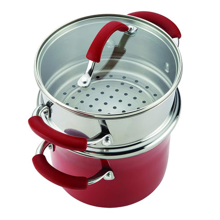 Juego de olla múltiple Rachael Ray Cucina de esmalte duro antiadherente con tapa y vaporera, 2.8 litros, rojo arándano