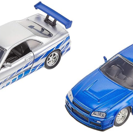 Fast & Furious Brian's Nissan Skyline GT-R R34 Silver & Nissan GT-R R34 Blue 1:32 Die Cast Car, Toys for Kids and Adults