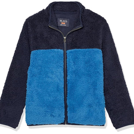 The Children's Place - Sweat-shirt à capuche zippé, doublé Sherpa, à manches longues pour garçon, colorblock bleu, grande taille
