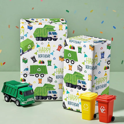 WRAPAHOLIC 30 Inch Garbage Truck Wrapping Paper - 30 Inch x 33 Feet - Garbage Truck Happy Birthday Wrapping Paper for Kids Boys, Baby Shower, Car Lover