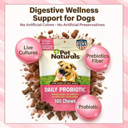 Pet Naturals Daily Probiotic for Dogs, Duck Flavor, 160 Chews - 120M CFUs Pre and Probiotics for Dogs Digestive Health, Gut Health, Immune Support, Diarrhea, Allergies and Itching