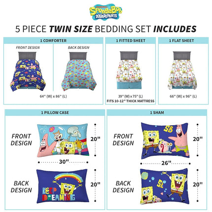 Franco Kids Bedding Soft Comforter and Sheet Set with Sham, 5 Piece Twin Size, Spongebob Squarepants