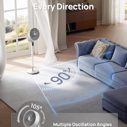 DREO Fan for Bedroom, 90° Oscillating Standing Fan, 20dB Quiet, 90ft Pedestal Fans for Room Office, DC Motor, 8+H Speeds, 3 Modes, 38-42'' Adjustable Height, Remote, 8H Timer, 105° Manual Vertical