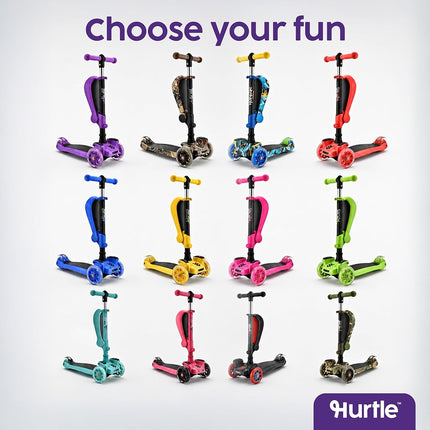 Hurtle 3-Wheeled Scooter for Kids - Wheel LED Lights, Adjustable Lean-to-Steer Handlebar, and Foldable Seat - Sit or Stand Ride with Brake for Boys and Girls Ages 1-14 Years Old