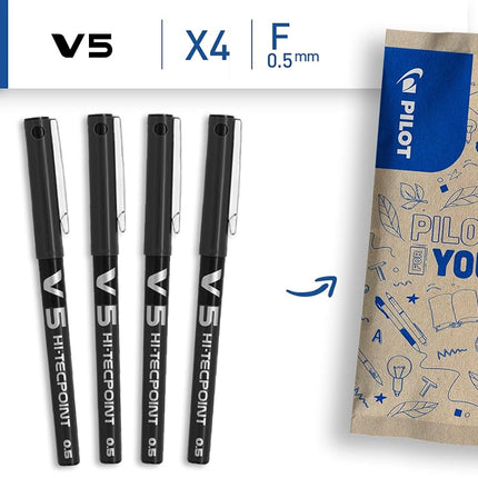 Pilot - Set of 4 V5 Liquid Ink Rollerball 0.5mm - Black - Fine Tip