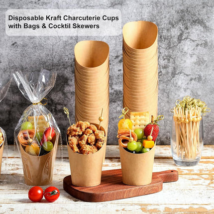 60 Sets Disposable Charcuterie Cups with Sticks and Bags 14 oz Brown Kraft