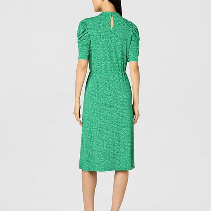 Adrianna Papell Women's Ruffle Neck Short Sleeve Dress Casual, Emerald Scattered Leaf, S