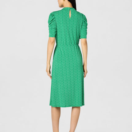 Adrianna Papell Women's Ruffle Neck Short Sleeve Dress Casual, Emerald Scattered Leaf, S