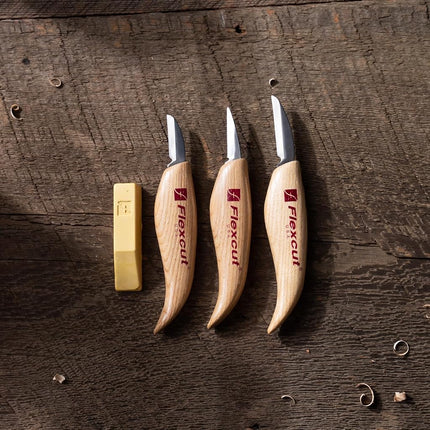 Flexcut Starter 3 Wood Carving Knife Set KN500, 1095 High Carbon Steel Blades and Ergonomic Ash Wood Handles for Beginners and Hobbyists