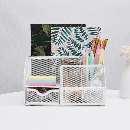 Annova Mesh Desk Organizer Office with 7 Compartments + Drawer/Desk Tidy Candy/Pen Holder/Multifunctional Organizer (White)