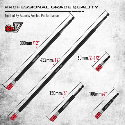SEDY 5-Piece Magnetic Screwdriver Bit Holder Set, 1/4" Hex Shank Quick Release Extension Adapter | Super Straight Durable CR-V Steel | Universal Fit for Impact Driver Bits | 2", 4", 6", 12", 17" Long
