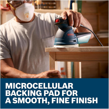 BOSCH ROS20VSC Palm Sander 2.5 Amp 5 Inch Corded Variable Speed Random Orbital Sander, Polisher Kit with Dust Collector and Soft Carrying Bag