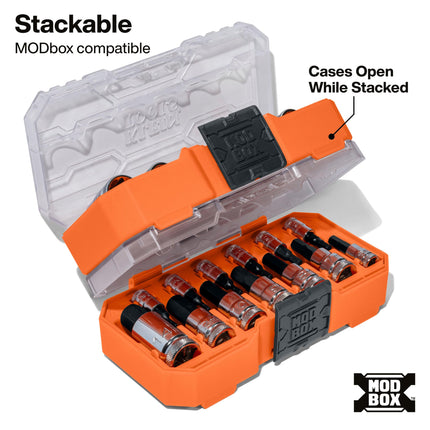Klein Tools 65213HEXM Knurled Hex Bit Socket Set, 1/4, 3/8 and 1/2-Inch Drives, Premium Cr-V Steel, Metric Sizes 2 mm to 14 mm, MODbox Case, 13-Piece