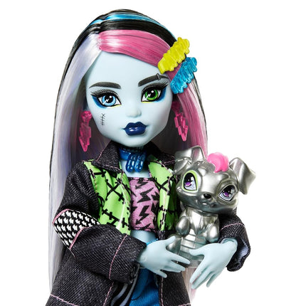 Monster High Frankie Stein Doll in Denim Jacket & Shorts, Includes Pet Dog Watzie & Accessories like a Backpack, Snack & Notebook