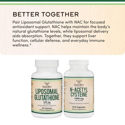 Double Wood Supplements Liposomal Glutathione Supplement 500mg per Serving, 60 Capsules (Vegan Safe, Manufactured in The USA, Non-GMO) Max Absorption Liposomal Glutathione by