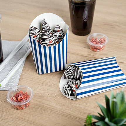 Bio Tek 4.7 x 3.5 x 5.1 Inch French Fry Cup, 100 Disposable Snack Cups - Stackable, Sustainable, Blue and White Paper 4 Ounce Fry Holder, for Fries, Onion Rings, Popcorn, or Cookies - Restaurantware