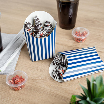 Bio Tek 4.7 x 3.5 x 5.1 Inch French Fry Cup, 100 Disposable Snack Cups - Stackable, Sustainable, Blue and White Paper 4 Ounce Fry Holder, for Fries, Onion Rings, Popcorn, or Cookies - Restaurantware
