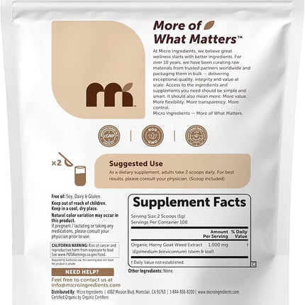 Maximum Strength Organic Horny Goat Weed for Men and Women (Epimedium Supplement 100 Grams), Powerfully Supports Energy, Libido and Stamina, Water Soluble for Best Absorption and Vegan Friendly.