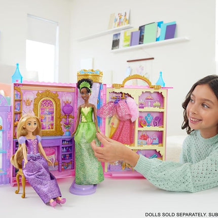 Mattel Disney Princess Closet Playset with 2 Fashions, 25 Accessories, Vanity, Dressing Room, Runway & Storage, Opens to 2 Feet, Movie-Inspired, HXC20, Gift Set Ready for the Ball