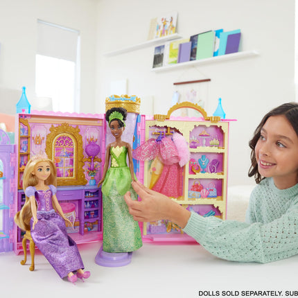 Mattel Disney Princess Closet Playset with 2 Fashions, 25 Accessories, Vanity, Dressing Room, Runway & Storage, Opens to 2 Feet, Movie-Inspired, HXC20, Gift Set Ready for the Ball