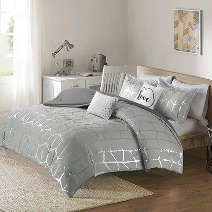 Intelligent Design Raina King/Cal King Comforter Set, Soft Microfiber Comforter Set King, Modern Geometric Metallic Bed Set, 5 Pieces College Bedding Comforter Set with 2 Shams, 2 Toss Pillows Grey