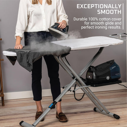 Rowenta IB9100 Pro Compact Professional Space Saving Folding Ironing Board 4-Leg with Hanger Racks and Cotton Cover, 18 54-Inch, Beige, Metal, 18" x 54"