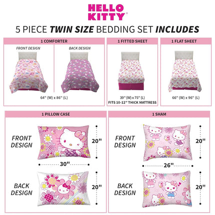 Franco Kids Bedding Super Soft Comforter and Sheet Set with Sham, 5 Piece Twin Size, Hello Kitty