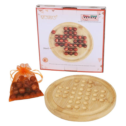 TOWO Wooden Solitaire Game - Peg Solitaire Puzzle Toy - Classic Board Game, Marble Chess, Thought Game, 21 cm, Round Board with Wooden Balls, One Player Gameplay, Brain Puzzle