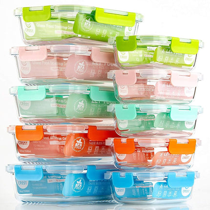 C CREST [10-Pack] Glass Food Storage Containers (A Set of Five Colors), Meal Prep Containers with Lids for Kitchen, Home Use - Airtight Glass Lunch Boxes