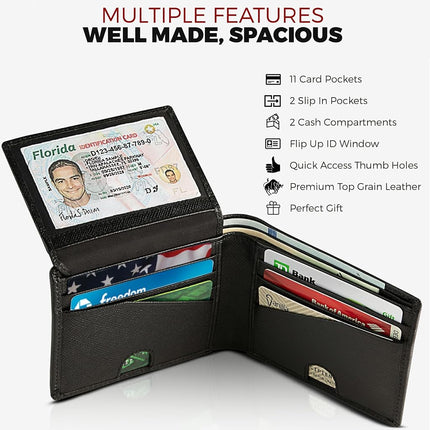 BULL GUARD Portefeuille en cuir pour homme, RFID, pliant, avec porte-cartes d'identité relevable, en cuir Saffiano noir