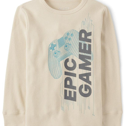 The Children's Place Boys' Long Sleeve Graphic Thermal Tops, Brown, Small