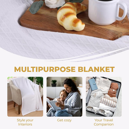 Superior Diamond Weave All-Season Cotton Blanket, Cover for Home, Couch, Bed, Soft, Warm Blankets, Boho Aesthetic, Comfy, Cozy, and Cute Covers, Decorative Bedding Essentials, Throw Size, White