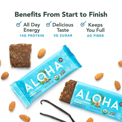 ALOHA Organic Plant Based Protein Bar, Vanilla Almond Crunch, 1.9 oz, 12 Count, Vegan, Gluten Free, Non-GMO, Stevia Free, Soy Free, Dairy Free