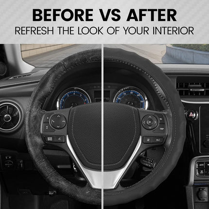 BDK Genuine Leather Steering Wheel Cover-Black, 100-Percent Odorless, Small (13.5 to 14.5-Inch)