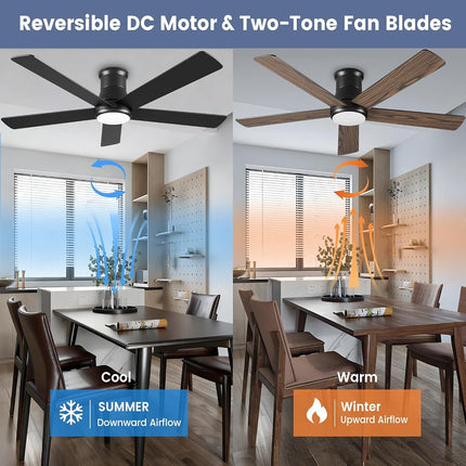 Autoday 52 Inch Ceiling Fans with Lights and Remote - Black Flush Mount Ceiling Fan with Light Low Profile, 6 Speeds, Quiet DC, 3CCT Dimmable, Indoor Outdoor Ceiling Fans for Patios Bedroom