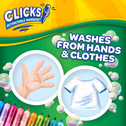 CRAYOLA Clicks Rotuladores - Paquete de 10 Rotuladores Retráctiles Lavables Sin Tapa de 2 en 1 Punta Cónica para Líneas Finas y Gruesas para la Escuela el Hogar y Viajes, Niños y Adultos