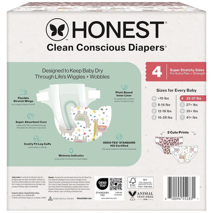 Couches Honest Company Clean Conscious pour peaux délicates | Jusqu'à 100 % anti-fuites | Hypoallergéniques, sans parfum | Motifs pour filles | Boîte club, taille 4 (10-17 kg), 54 couches (les motifs peuvent varier)